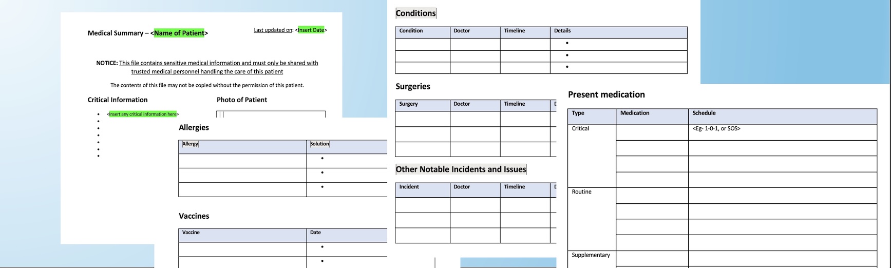 Preview of the Health Summary template layout